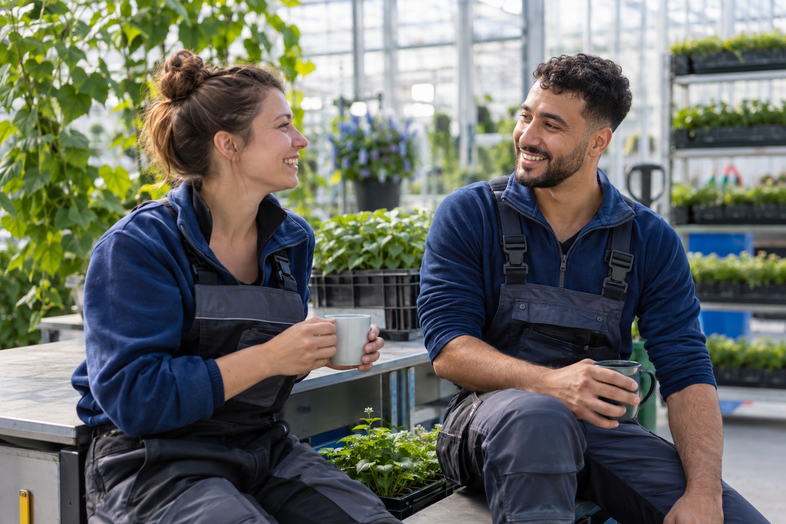 Twee mensen in gesprek tijdens een pauze op hun werk