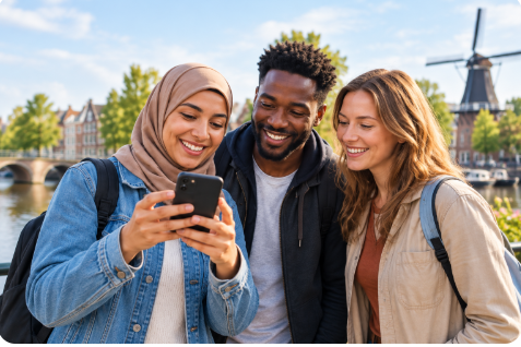 Drie mensen bekijken samen een smartphone