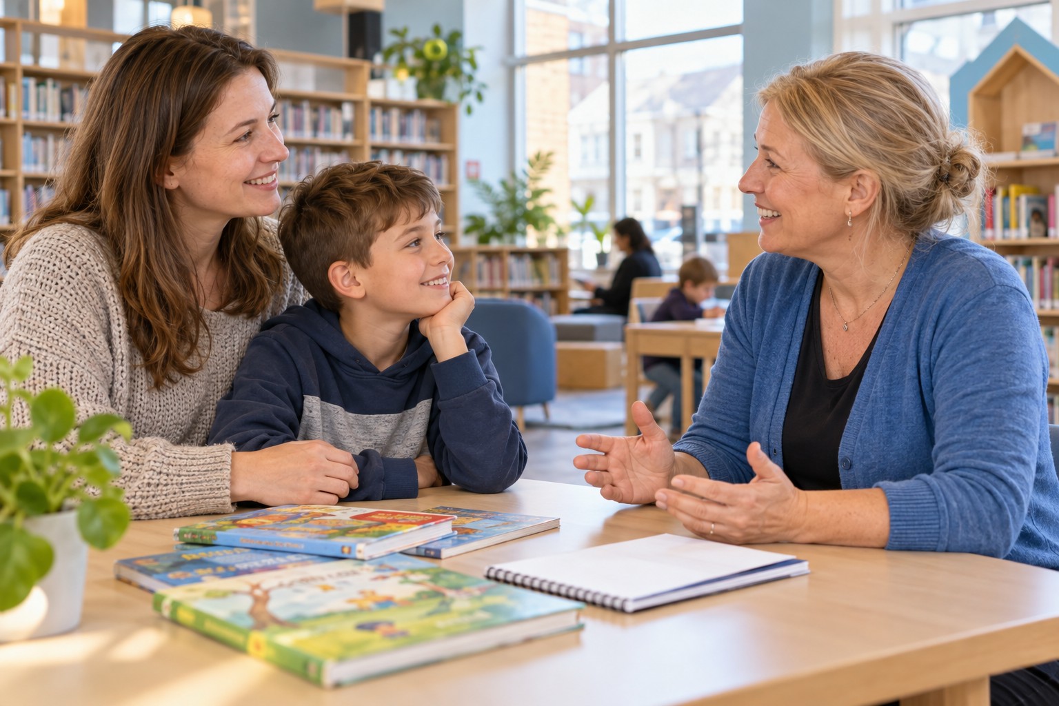 Een moeder en haar zoon praten met een vrijwilliger in de bibliotheek