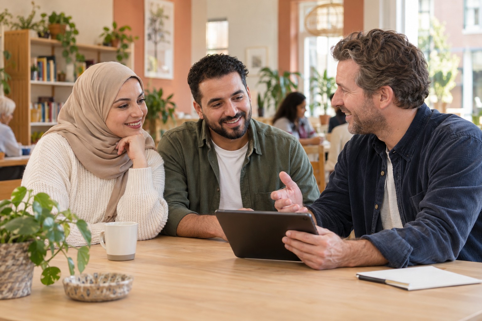 Nieuwkomers en een medewerker bekijken samen informatie op een tablet